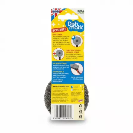 Dishmatic Scrubbee product packaging showing features and barcode
