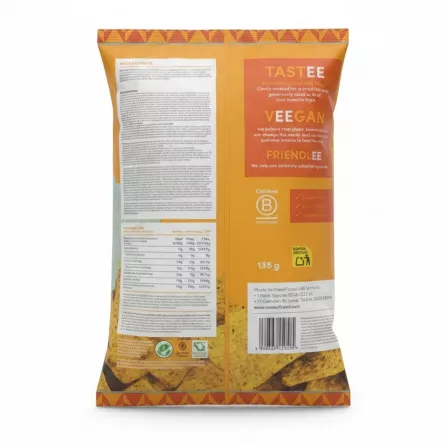 Back packaging of Mister Freed Cheezie Cheese Flavour tortilla chips showing ingredients and nutritional info