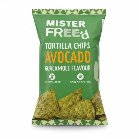 Mister Free'd Avocado Guacamole Tortilla Chips front packaging showing product name and key features