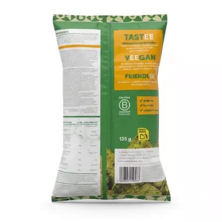 Back packaging of Mister Free'd Avocado Guacamole Tortilla Chips highlighting vegan, gluten-free and ingredient claims