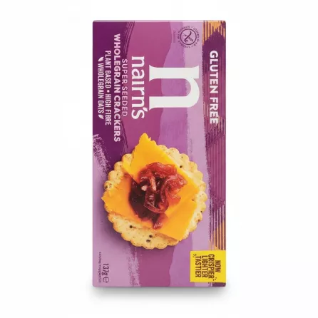 Nairn's Super Seeded Wholegrain Crackers purple box front with crackers and toppings image