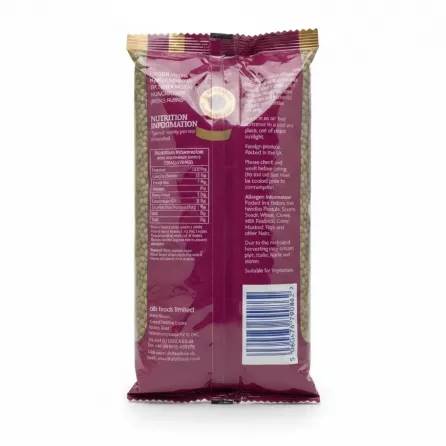 Back view of Indus mung beans packet with nutritional and allergen information