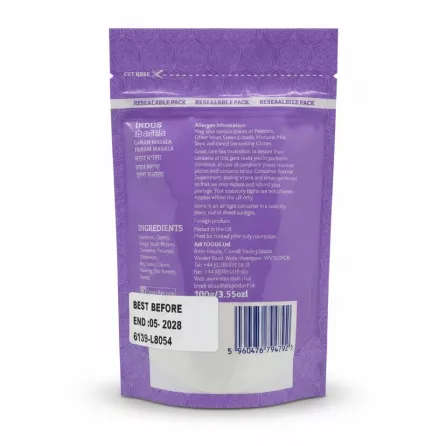 Indus Garam Masala pack back view with ingredient and allergen information