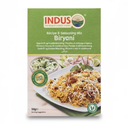 Indus Biryani Recipe & Seasoning Mix box front with biryani dish
