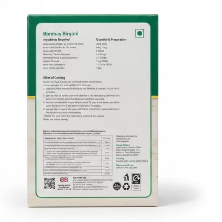 Back of Indus Bombay Biryani spice mix box showing preparation instructions and nutrition facts
