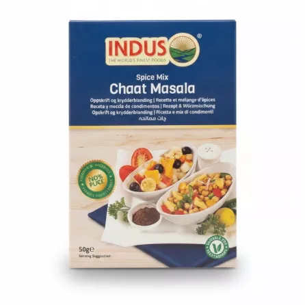Indus Chaat Masala spice mix box with serving suggestion