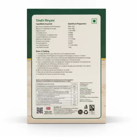 Back of Indus Sindhi Biryani box with ingredients and cooking instructions