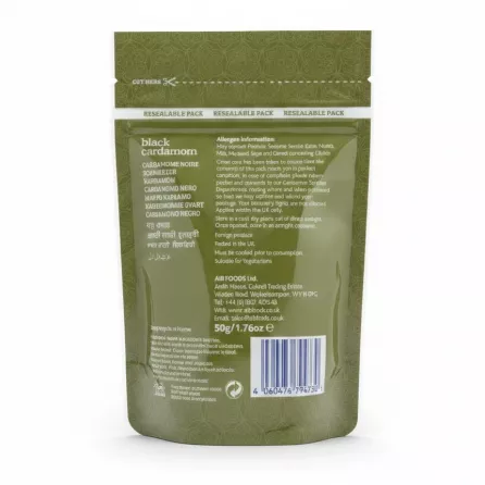 Indus black cardamom resealable pack back with information