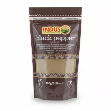 Indus Ground Black Pepper resealable pouch showing front label