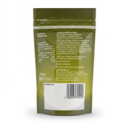 Indus garlic powder 100g pack back showing nutritional info and barcode