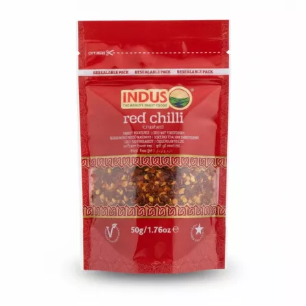 Indus branded red crushed chilli flakes in resealable red packet