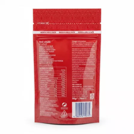Back of Indus red crushed chilli pack with nutritional and allergen information