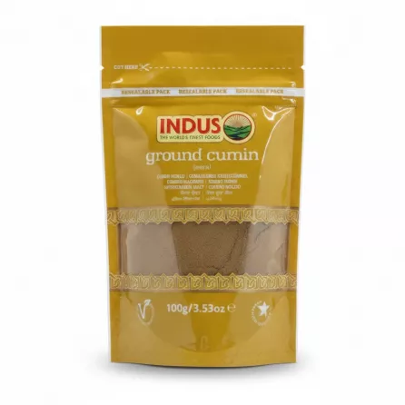Indus brand packet of ground cumin with resealable closure in mustard yellow packaging