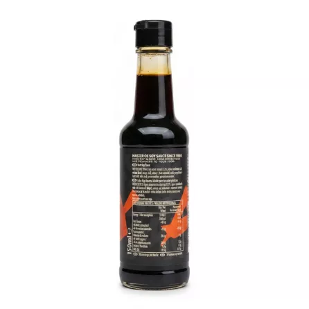 Back label of Amoy Dark Soy Sauce detailing ingredients and nutritional facts