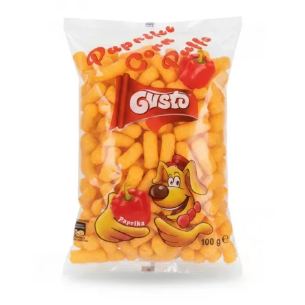 Packet of orange paprika corn puffs with cartoon dog on front