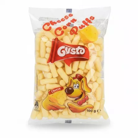 Gusto Cheese Corn Puffs front pack view showing cheesy puffs and cartoon dog