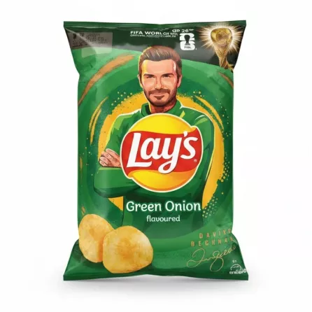 Front view of Lay's Green Onion crisps packet with FIFA World Cup 26th sponsor branding