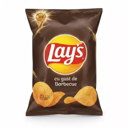 Front view of Lay's Barbecue flavour potato chips packet