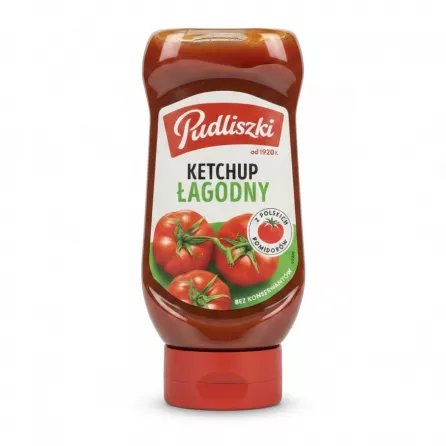 Pudliszki Mild Tomato Ketchup front label with tomatoes