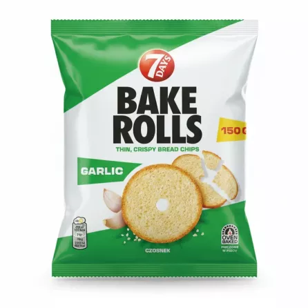 Packet of 7 Days Bake Rolls Garlic flavour showing bread chips and garlic cloves