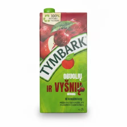 Side view of Tymbark Apple Cherry Drink carton showing brand and fruit images