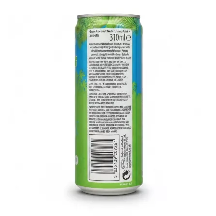 Back label of Grace Coconut Water Smooth 310ml including product details and barcode