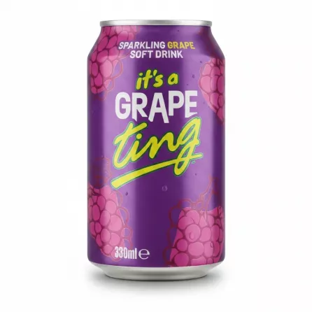 330ml can of Jamaica Ting sparkling grape soft drink with purple design and grape illustrations