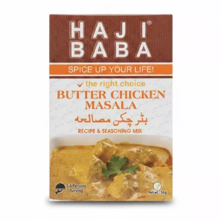 Box of Haji Baba Butter Chicken Masala Mix seasoning and recipe