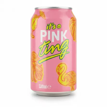 It's a Pink Ting 330ml can with pink background and yellow grapefruit and flamingo graphics