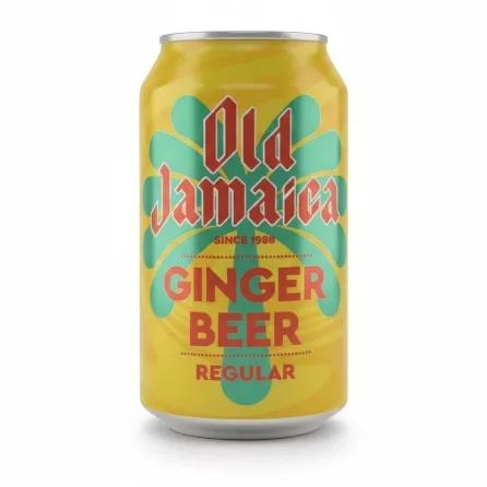 Old Jamaica Ginger Beer Regular 330ml can front view with colourful yellow and green design