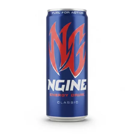Close-up front view of Engine Classic Energy Drink can showing logo and classic label