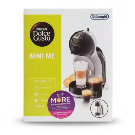 Box featuring the DeLonghi NESCAFÉ Dolce Gusto Mini Me Coffee Machine with coffee drinks displayed