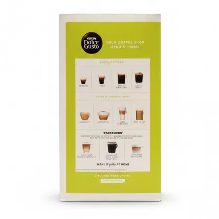 Back of the DeLonghi NESCAFÉ Dolce Gusto Mini Me Coffee Machine box showing coffee types menu