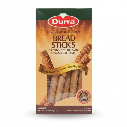 Durra brand sesame bread sticks box with visible bread sticks inside