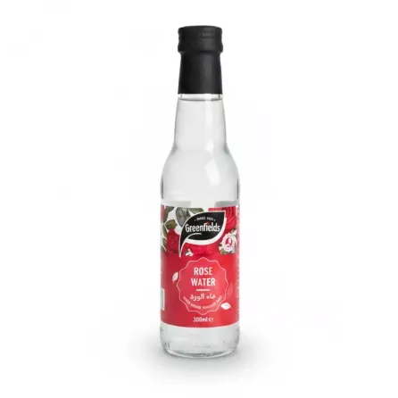 Greenfields Rose Water bottle with red label and black sealed cap