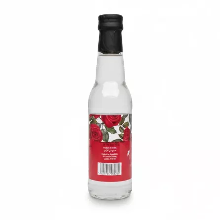 Rear view of Greenfields Rose Water bottle showing barcode and origin details