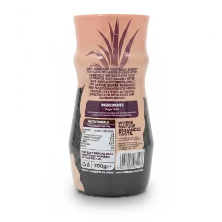 Back of Greenfields Cane Molasses jar showing ingredients and nutritional facts