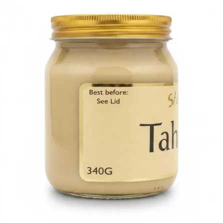 Side view showing 340g label on Sara Tahina jar