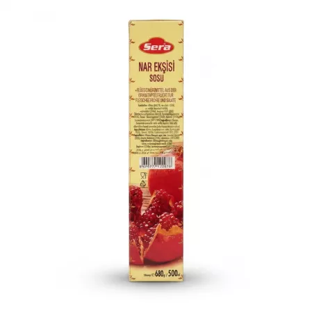 Side view of Sera pomegranate salad dressing box with ingredient list and barcode
