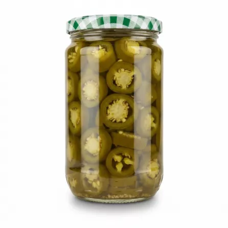 Jar of sliced green jalapeño peppers
