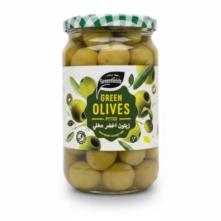 Jar of Greenfields pitted green olives front view
