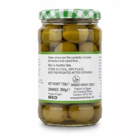 Back label of Greenfields green olives jar with storage and product info