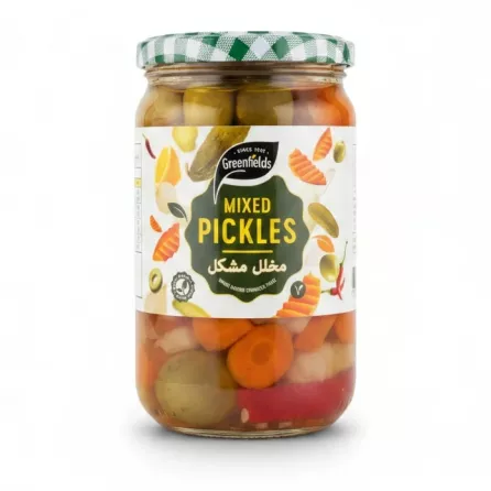 Jar of Greenfields Mixed Pickles showing label and contents