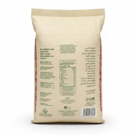 Back view of Abu Kass Indian Basmati Parboiled Rice 4kg bag showing product details and nutritional facts