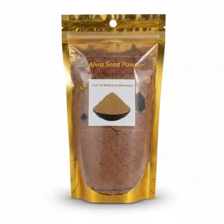 Packaged Ajwa Seed Powder with black seed, cardamom, and cloves mix in resealable bag