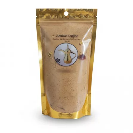 Gold sealed pouch of premium Arabic coffee with cardamom, saffron and cloves