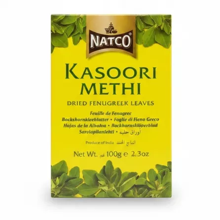 Natco Kasoori Methi dried fenugreek leaves bright yellow pack with green leaves design