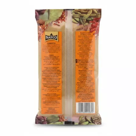 Back side of Natco Ground Coriander pack showing ingredient and allergy information