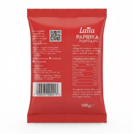 Laila paprika powder 100g pouch back with ingredients and barcode