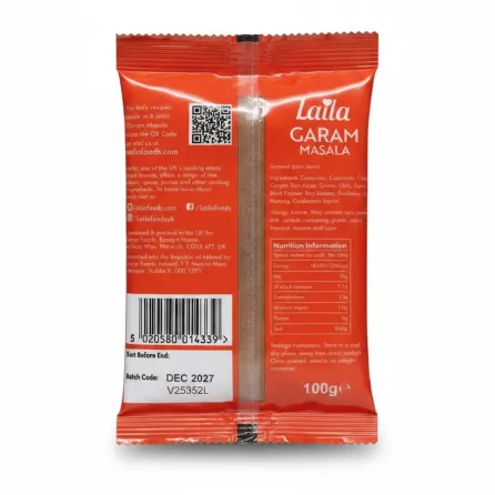 Laila Garam Masala 100g red packet back with ingredients and barcode